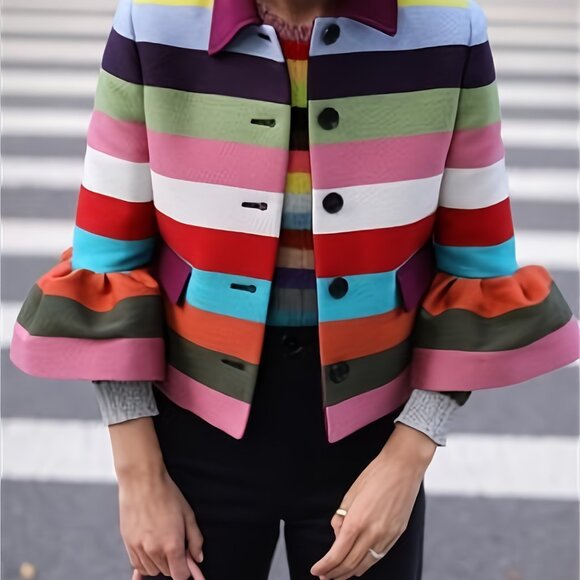 Rainbow Stripe Jacket Lapel Collar Three-quarter Sleeves with Ruffle - Picture 5 of 9